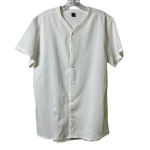 2/$15 Banded Collar Button Front Short Sleeve Textured‎ Shirt M (2708)